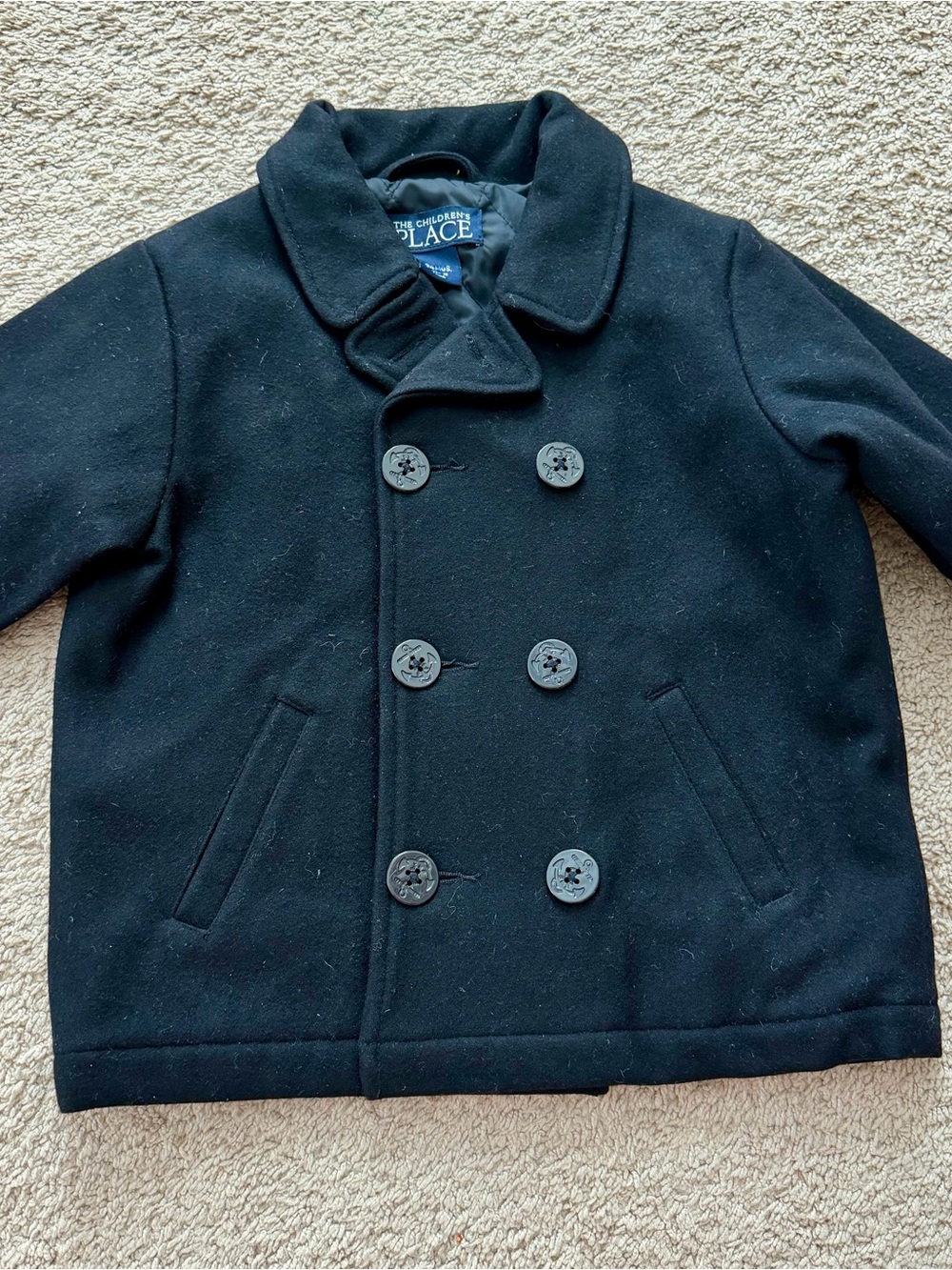 Children’s Place Boys Peacoat Double Breasted Black Size 24 Months Wool